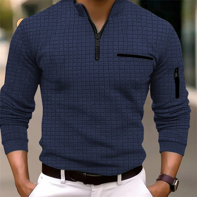  Men's Waffle Polo Shirt Quarter Zip Polo Daily Holiday Quarter Zip Long Sleeve Fashion Modern Plain Pocket Spring &  Fall Regular Fit Black White Navy Blue Orange Light Grey Dark Gray Waffle Polo