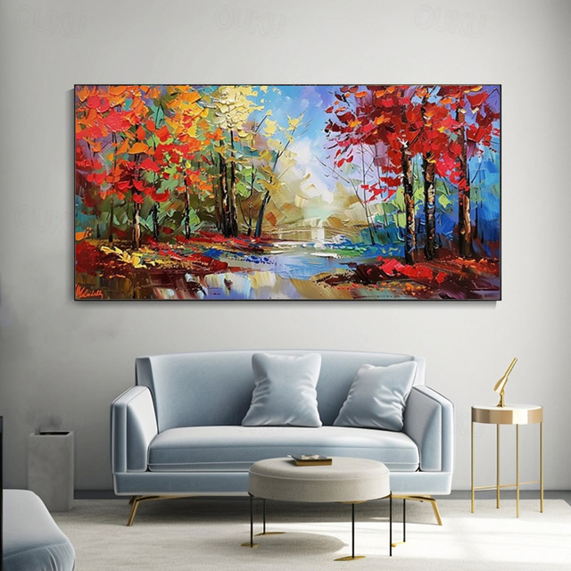  Handmade Autumn Colorful Forest Landscape Hand Painted Oil Painting Large Birch Tree Wall Art Gift Texture Custom Home Decor No Frame