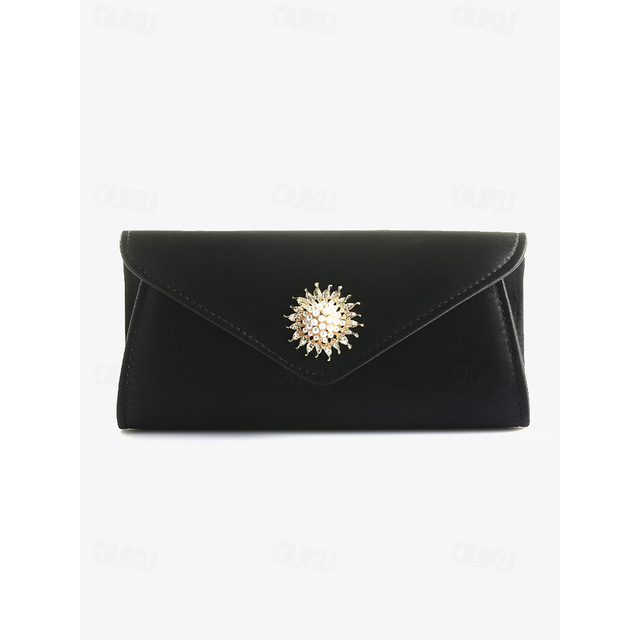  Women's Black Satin Clutch with Pearl and Rhinestone Brooch for Elegant Evening Events and Parties