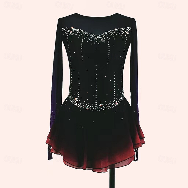  Figure Skating Dress Women's Girls' Ice Skating Dress Black Red Thumbhole Halo Dyeing Mesh Spandex Stretchy Training Practice Professional Skating Wear Thermal Warm Classic Crystal / Rhinestone Long