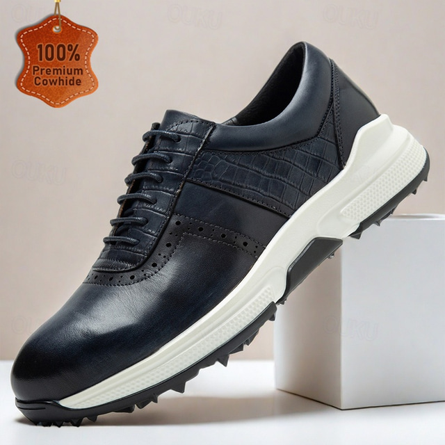  Men's Black Leather Golf Shoes with Crocodile Pattern and Spiked Sole for Comfort and Style