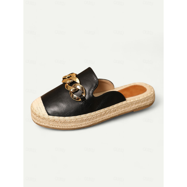  Women's Espadrille Mules with Gold Chain Detail – Casual Slip-On Flats for Summer Beach and Daily Wear