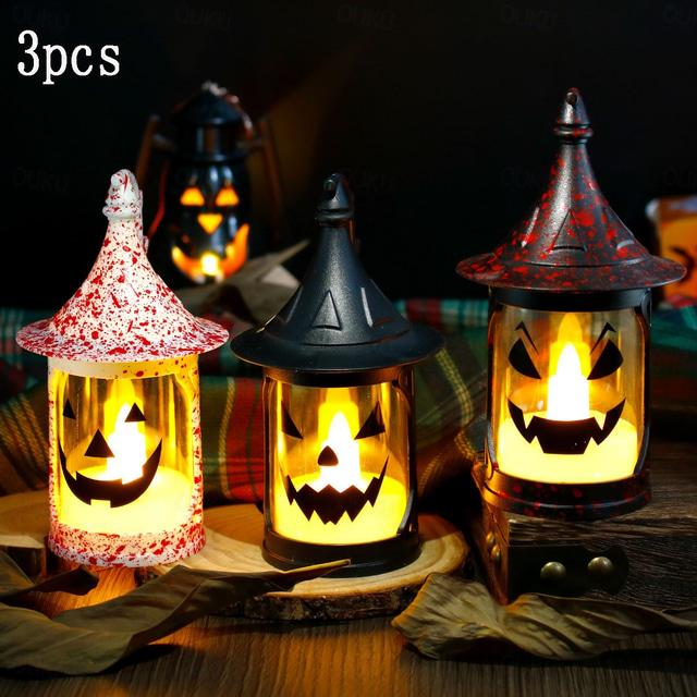  lanterna di zucca di Halloween candela elettronica luce jack o lanterna luce zucca lampada notturna lampada a vento modello smorfia atmosfera festa di Halloween decorazione 1/3/5 pezzi