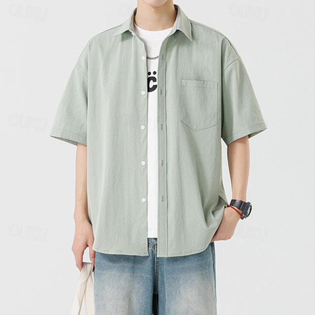  Men's Shirt Summer Shirt Casual Shirt Beach Shirt Button Up Shirt Light Coffee White Blue Green Short Sleeve Plain Turndown Vacation Hawaiian Front Pocket Clothing Apparel Fashion Casual Comfortable