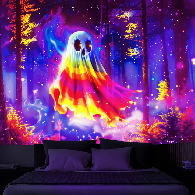  Halloween Decorations Blacklight Tapestry Pumpkins Halloween Trees UV Reactive Glow in the Dark Party Psychedelic Trippy Misty Hanging Tapestry Wall Art Mural for Living Room Bedroom Ghost Castle
