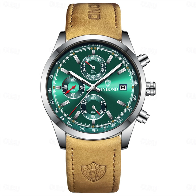  BINBOND Men Quartz Watch Fashion Business Wristwatch Luminous Alarm Clock Calendar Waterproof Steel Leather Watch