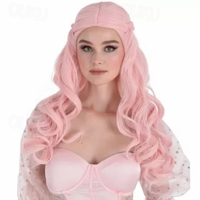  Long Pastel Pink Curly Wig with Braids Halloween Cosplay Party Wigs