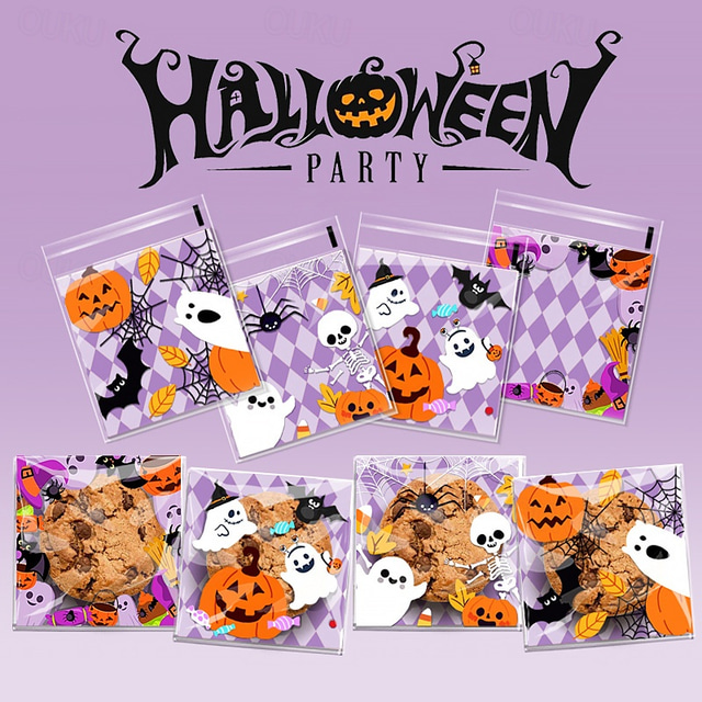  100pcs Halloween Gift Packets Ghost Party Themed Self-Sealing Plastic Bags DIY Semi-Transparent Packaging Bags for Halloween