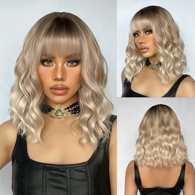  Cosplay Costume Wig Curly Bouncy Curl Bob Neat Bang With Bangs Wig 14 inch Light golden Synthetic Hair Women's Elastic Adorable Comfortable Blonde