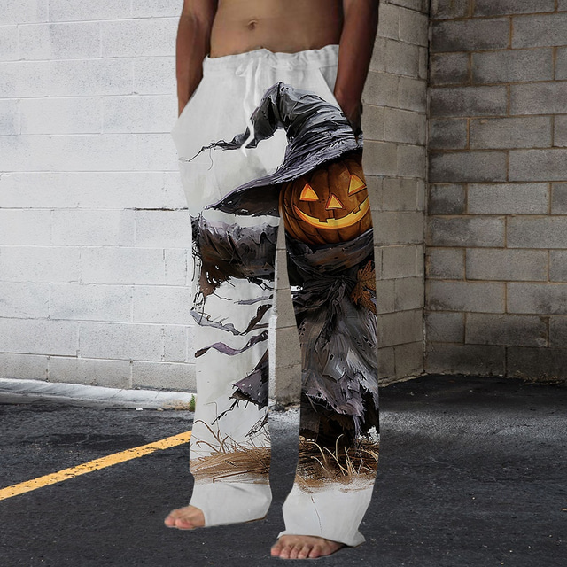  Halloween Men's Pumpkin Mid Waist Horror Festival Straight Leg Trousers Summer Spring 3D Print Black And White