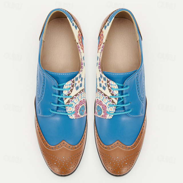  Men's Colorful Oxford Brogues with Blue and Brown Leather, Intricate Pattern Design - Stylish and Unique Shoes for Formal and Semi-Formal Occasions