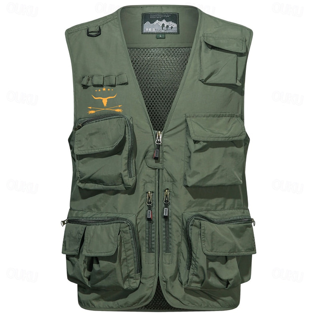  Men's Graphic Cow Vest Waistcoat Gilet Tactical Practical Removable Casual Sports Outdoor Fishing Photography Mesh Quick Dry Double Layered Fall Winter Collarless Sleeveless khaki Army Green