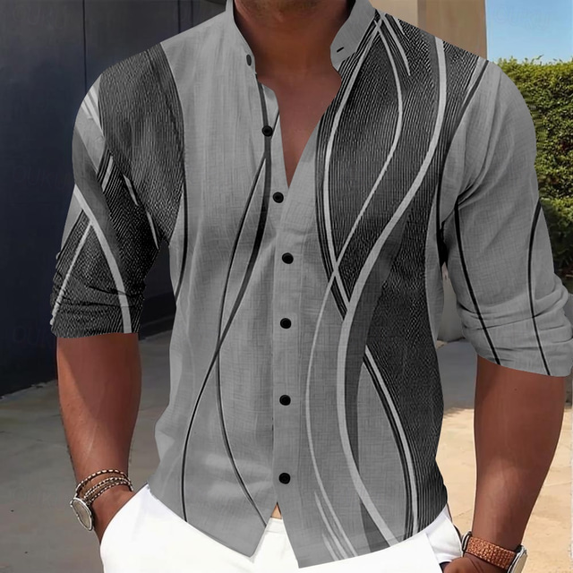  Men's Striped Geometric Pattern Dress Shirt Button Up Shirt Long Sleeve Business Casual Vacation Daily Summer Spring &  Fall Band Collar grandad collar 3D Print Blue Gray