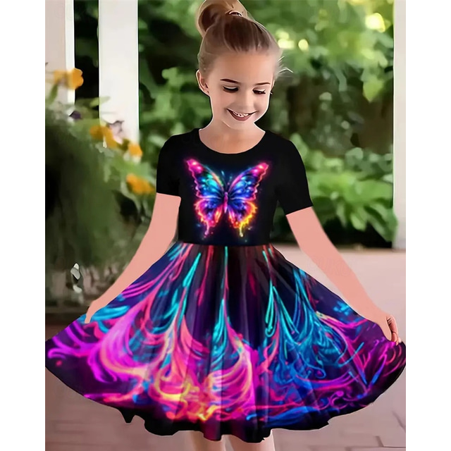  Girls' 3D Graphic Butterfly Dress Short Sleeve Summer Spring Vacation Daily Holiday Princess Beautiful Sweet Kids 4-12 Years Casual Dress A Line Dress Knee-length Regular Fit