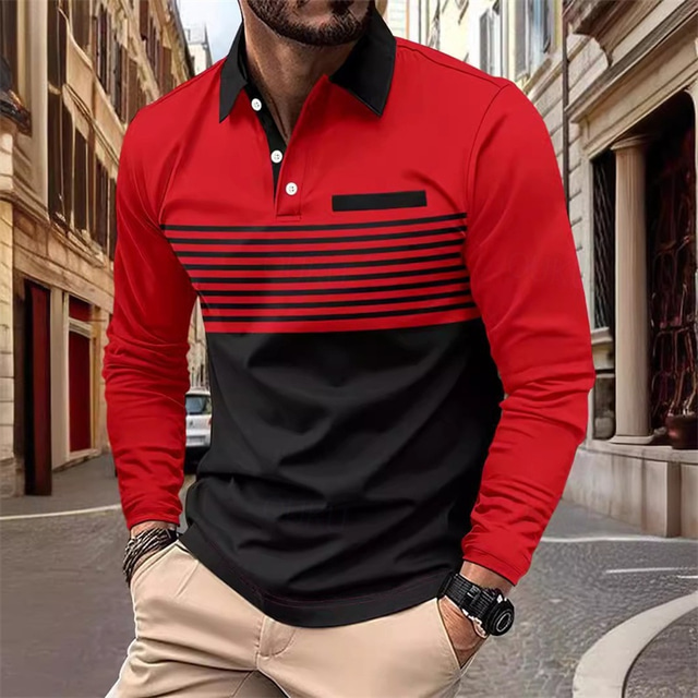  Férfi Golfing golf póló Munka Hétköznapi Hajtóka Hosszú ujj Alap Modern Csík Gomb Zseb Tavasz & Ősz Normál Tök Rózsaszín Rubin Zöld Khakizöld Szürke Golfing
