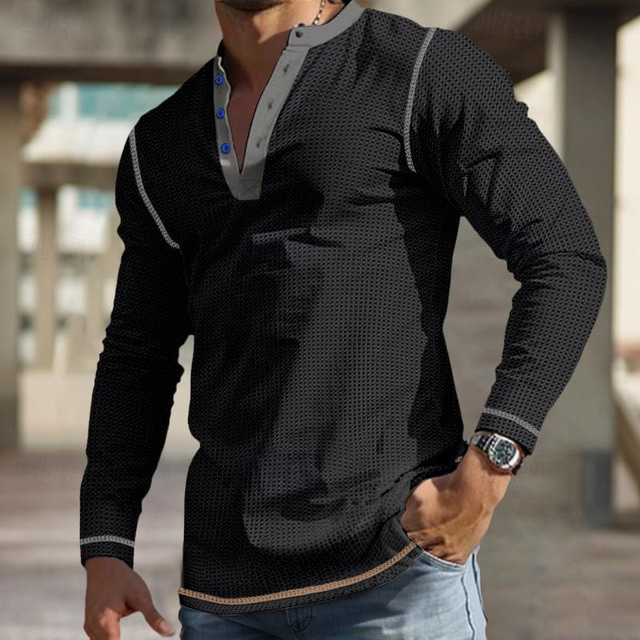  Men's T shirt Tee Henley Shirt Waffle Knit Tee Tee Top Long Sleeve Shirt Color Block Henley Street Vacation Long Sleeve Patchwork Clothing Apparel Polyester Fashion Designer Basic