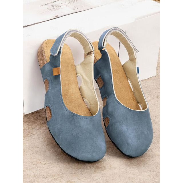  Women's Vintage-Style Beige Suede Slingback Sandals with Cut-Out Design and Cork Sole - Comfortable and Stylish for Summer Wear