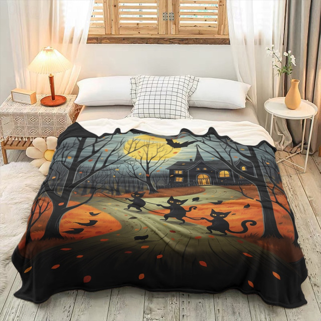  Halloween Decoration Cat Throw Blanket - Soft and Cozy Fleece with Spooky Cat Design - Perfect for Halloween Decor or Snuggling Up - Durable and High-Quality Fabric