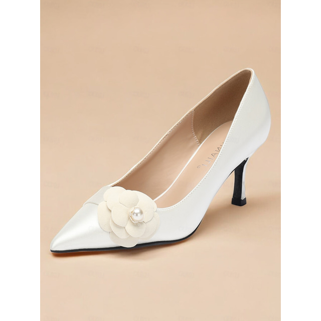  Elegant White High Heels for Women - Pointed Toe Wedding Shoes with Floral and Pearl Detail