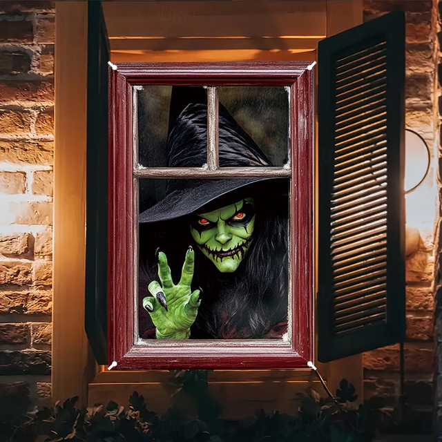  halloween vindusdekor dekorasjoner, stoff hekser skumle halloween gardin skrekkfilm plakat vindusdør som dekker dekor for hjemsøkt hus, skummelt halloween vindu klinger dekaler innendørs utendørs