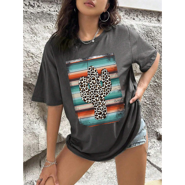  Women's Plus Size Tops T shirt Tee Leopard Short Sleeve Crew Neck Casual Daily Polyester Spring Fall Dark Gray