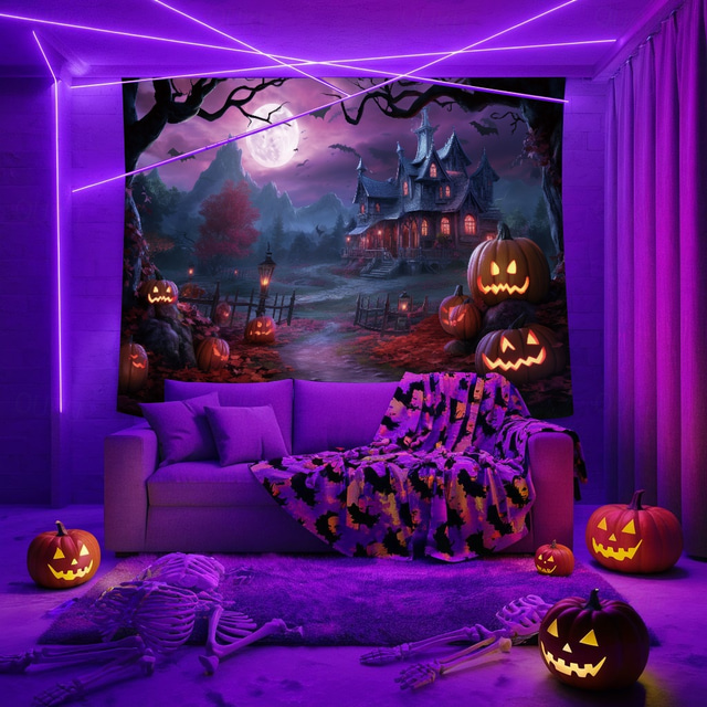  Halloween Decorations Blacklight Tapestry Glow Party Creepy Mansion Castle UV Reactive Glow in the Dark Psychedelic Trippy Misty Hanging Tapestry Wall Art Mural for Living Room Bedroom