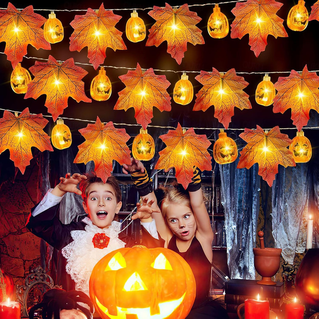  Elegant Wedding Party Reception Maple Leaf Pumpkin String Lights – 10/20/40LED USB Battery Powered Fall Garland for Autumn Home Decor 1.5/3/6M