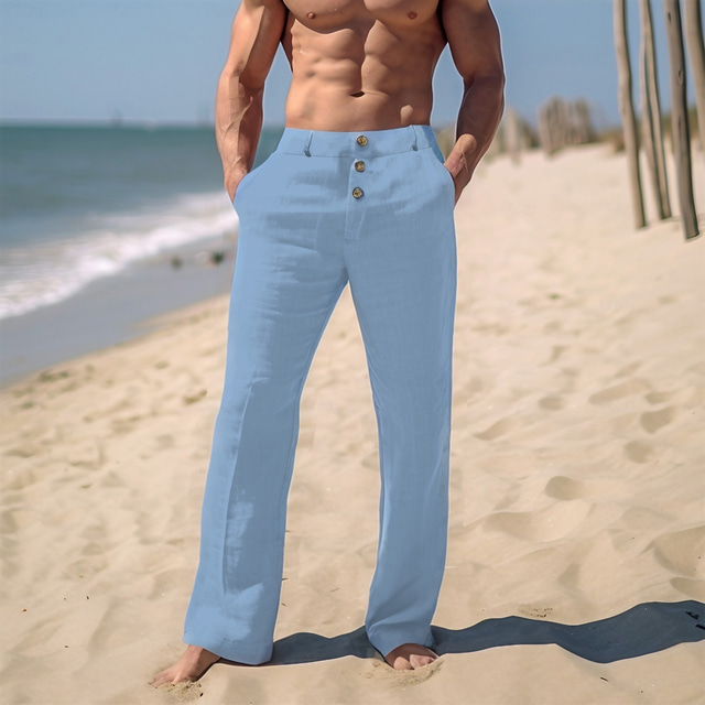  Men's Linen Pants Trousers Summer Pants Beach Pants Front Pocket Straight Leg Plain Comfort Breathable Casual Daily Holiday Fashion Basic Black White