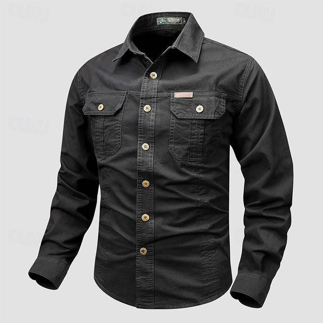  Herren Hemd Arbeitshemden Knopfhemd Cargo-Shirt Schwarz Weiß Rote Kaki Armeegrün Langarm Glatt Kargen Urlaub Festtage Vordertasche Bekleidung 100% Baumwolle Modisch Brautkleider schlicht Komfortabel