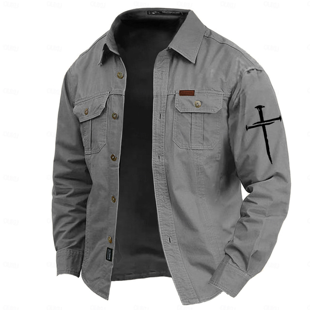  Homme Croix Chemises travail Chemise Western Chemise cargo manche longue Décontractées Tactique Sport & Loisir Sortie Hiver Printemps & Automne Col rabattu Imprimer Noir Vert Véronèse Bleu Gris