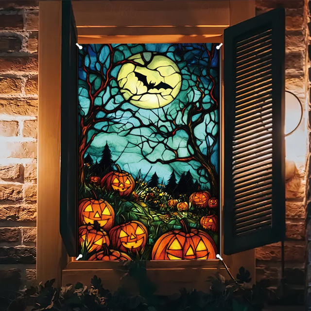  Halloween-Fensterverkleidung, Stoff-Buntglas-Kürbis-Halloween-Vorhang, Poster, Fenster-/Türverkleidung, Dekor für Spukhaus, gruselige Halloween-Fensteraufkleber für drinnen und draußen