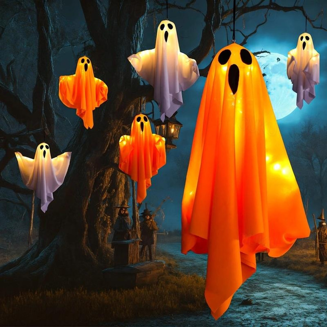  1pc Halloween Decorations Lighted Ghost Hanging Light Porch, Adjustable Arms for Glass Window, Indoor & Outdoor Tree Decor - Festive Atmosphere Decorative Light with 3 Lighting Modes (White & Orange)