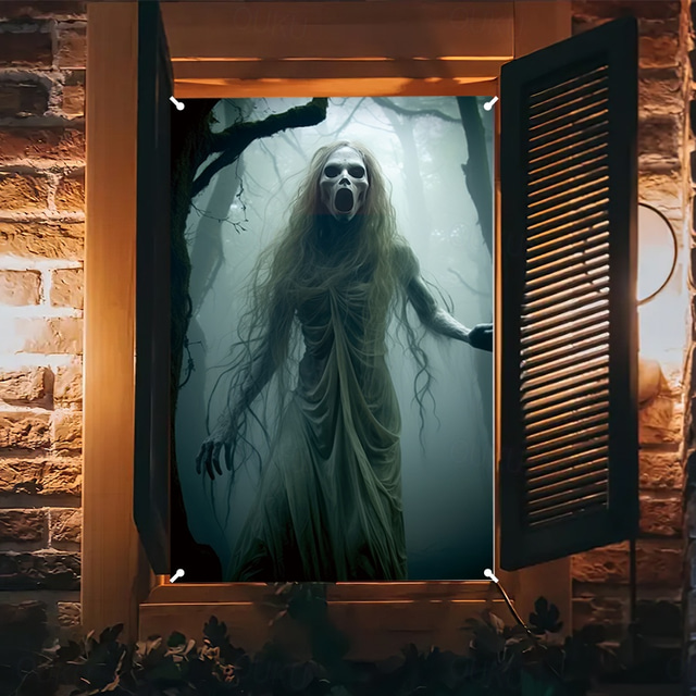  halloween vindusdekor dekorasjoner, stoff spøkelse brud skumle halloween gardin skrekkfilm plakat vindusdør som dekker dekor for hjemsøkt hus, skummelt halloween vindu klinger dekaler innendørs