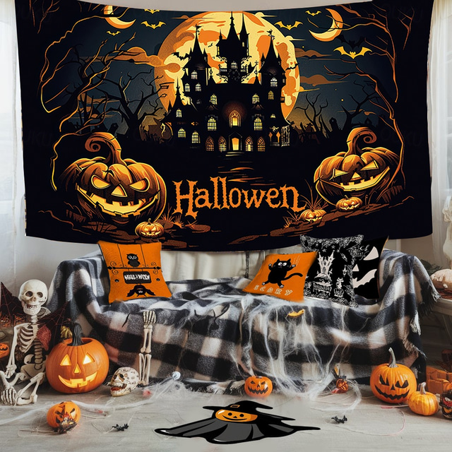  Halloween Decorations Hanging Tapestry Evil Pumpkin Castle Wall Art Large Tapestry Mural Decor Photograph Backdrop Blanket Curtain Home Bedroom Living Room