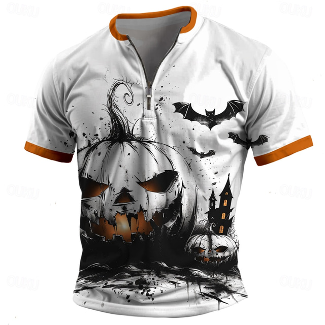  Pumpkin Retro Vintage Men's 3D Print T shirt Tee Street Casual Daily Halloween T shirt White Short Sleeve Half Zip Shirt Summer Spring Clothing Apparel S M L XL XXL XXXL
