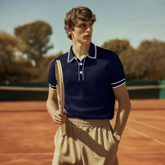  Men's Rib Knit Top Golf Shirt Casual Holiday Lapel Ribbed Polo Collar Short Sleeve Fashion Basic Plain Button Soft Summer Spring Fall Regular Fit Navy-blue Red Blue Gray Rib Knit Top