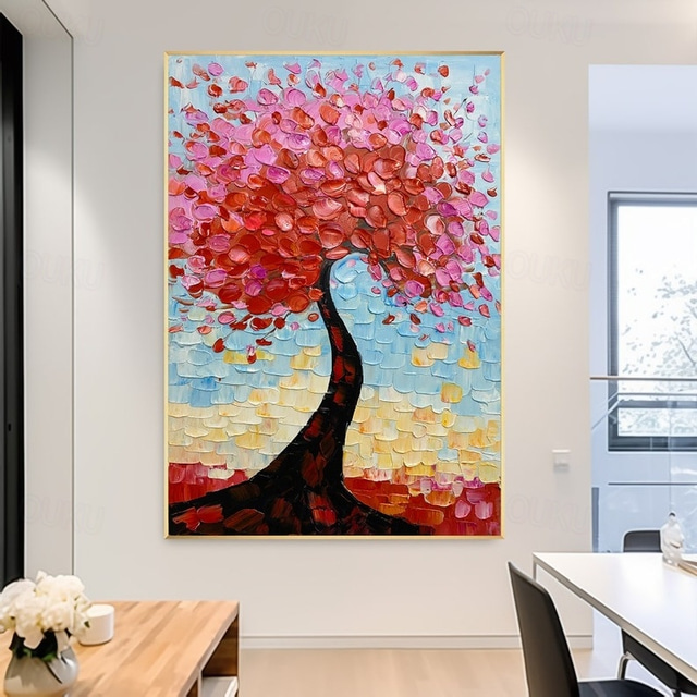  大きな手作りの木の油絵、手描きの 3D 黄金の木のキャンバスの油絵、手作りの秋の風景画、壁アート、ナイフの木の絵、リビングルームの壁の装飾用の軽い高級絵画