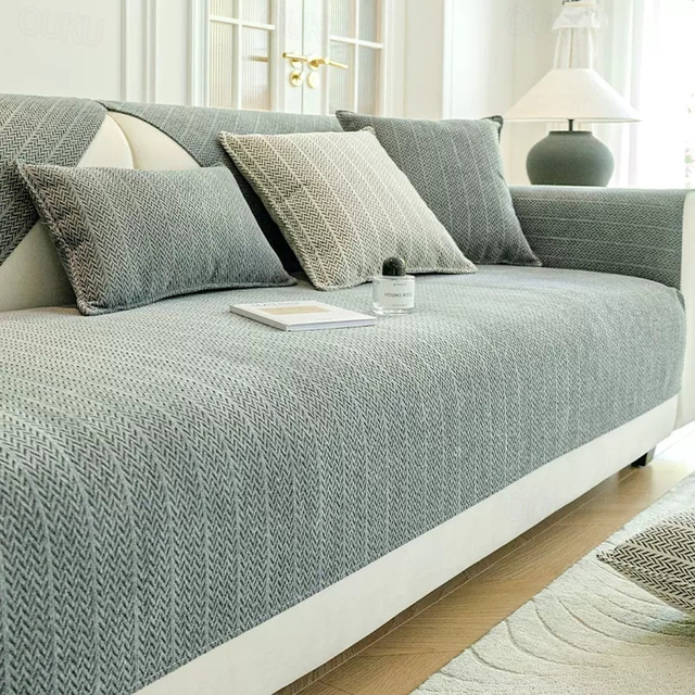  غطاء أريكة من قماش الشنيل بلون سادة مضاد للخدش بنمط متعرج - نسيج ناعم ومتين - نمط متعرج أنيق - يحمي أريكتك من الخدوش والتآكل