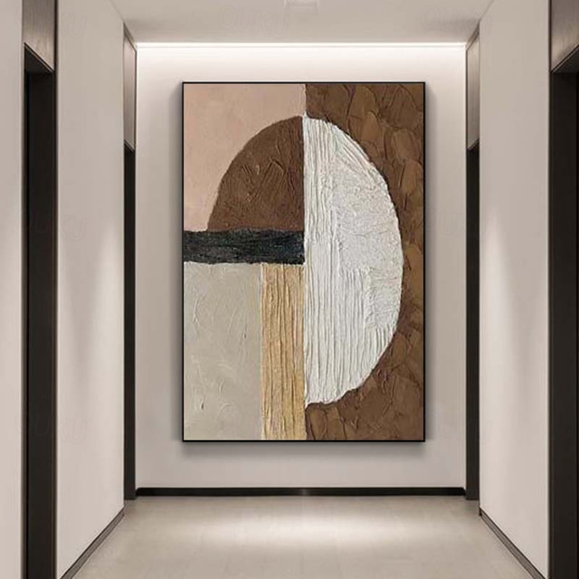  手描きの茶色と白のわびさびの壁アート、キャンバスに描かれた茶色と黒の抽象画、白いテクスチャの絵画、リビングルーム用の大きなニュートラルな壁装飾、フレーム付き