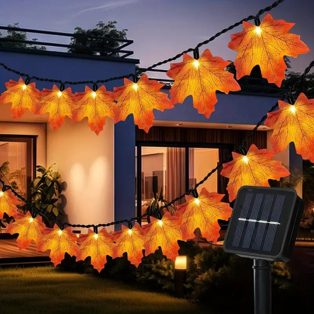  solcelledrevet kunstig lønneblad krans lysstreng 6,5m 30leds Thanksgiving halloween høstløv dekorasjon utendørs innendørs hage uteplass peis for ferie atmosfære belysning