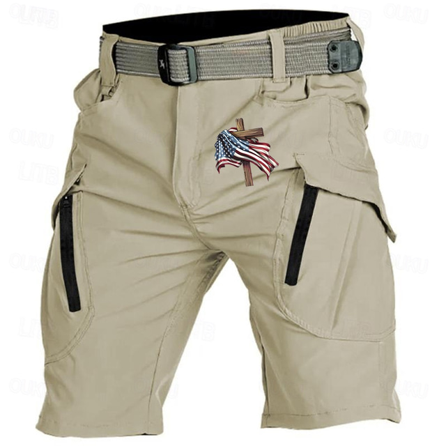  Men's Cross American Flag Cargo Shorts Mid Waist Sports Fashion Streetwear Sports Outdoor Casual Daily Drawstring Side Pockets Elastic Waist Designer Clothing Apparel