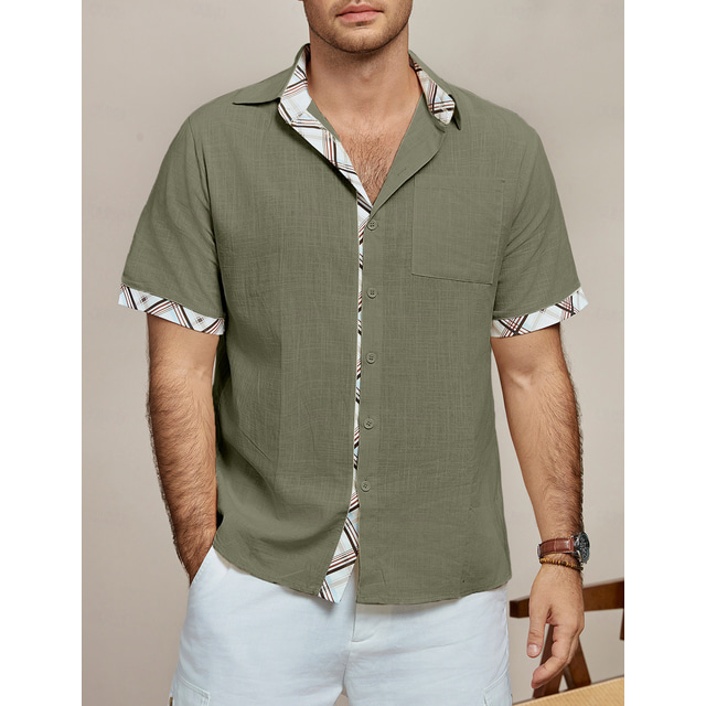  Bărbați Cămașă de in Cămașă de vară Cămașă casual Cămașă de plajă Simplu Vacanță Hawaiian Alb Albastru piscină Verde Kaki Manșon scurt Rever Primavara vara Îmbrăcăminte Buzunar frontal