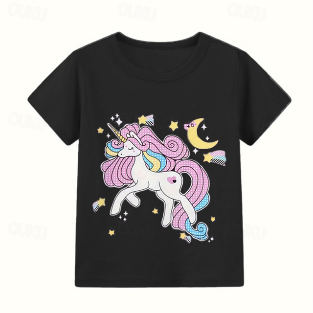  100% Cotton Kids Girls' Black White Cartoon Unicorn T shirt Tee Crew Neck Short Sleeve Outdoor Daily Vacation Classic Casual Print Summer