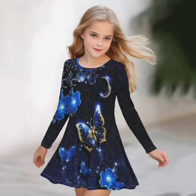  Girls' 3D Graphic Butterfly Dress Long Sleeve Summer Spring Daily Holiday Vacation Princess Beautiful Sweet Kids 4-12 Years Casual Dress A Line Dress Knee-length Polyester Regular Fit