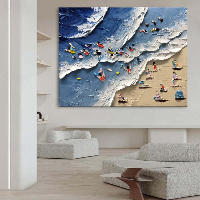  3Dビーチ油絵手作りの抽象的な沿岸油絵キャンバスに描かれた手作りの太陽が降り注ぐビーチの絵、青とベージュ色の波の絵、寝室、家庭、オフィスの壁の装飾絵画
