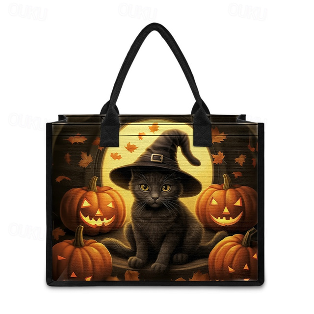  tygpåse med halloween-tema med svart katt- och pumpadesign - återanvändbar shoppingväska med stor kapacitet för kvinnor