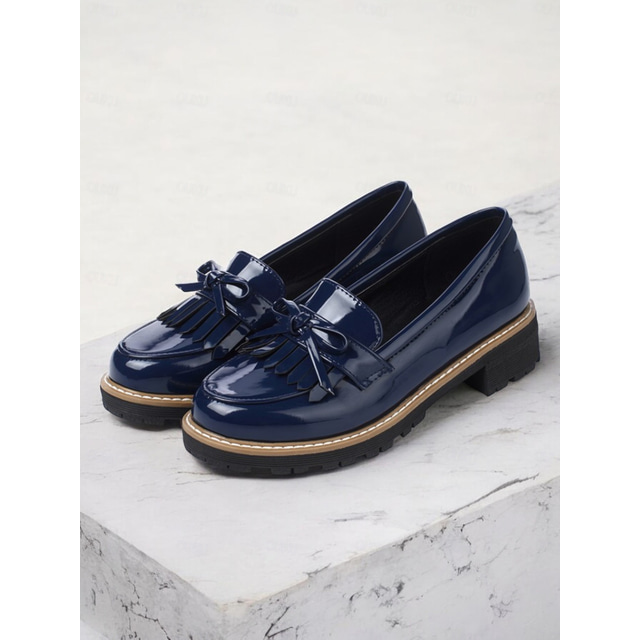  Women's Burgundy Patent Leather Loafers with Fringe Tassel Detail and Chunky Heel, Perfect for Office Wear and Casual Outfits