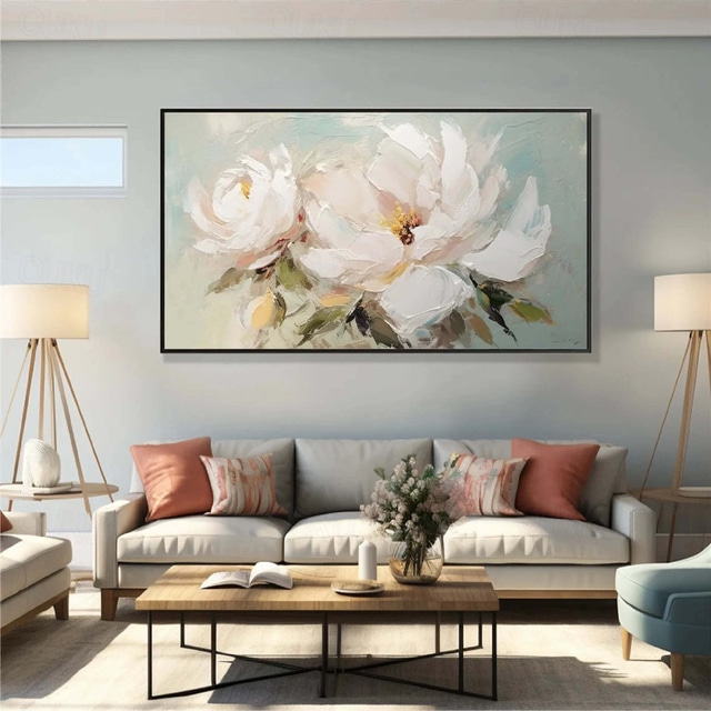  blomsteroljemaleri håndlaget abstrakt blomsteroljemaleri på lerret håndlaget moderne hvitt blomsteroljemaleri håndmalt stor hvit blomst blomsteroljemaleri veggkunstmaleri for hjemmeinnredning