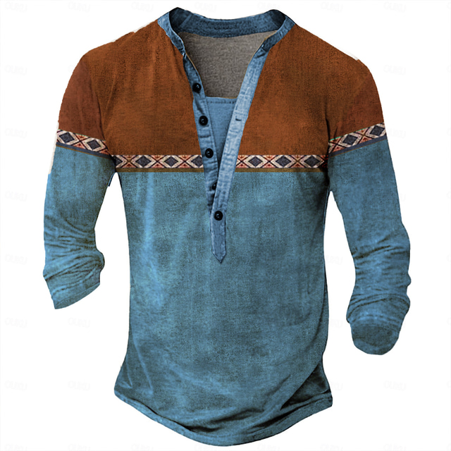  Férfi Törzsi Póló Henley ing Hosszú ujj 3D nyomtatás Dizájn Retró Utca Hétköznapi Napi Nyár Tavasz Ősz Sötétbarna Fekete Medence Barna Lóhere Henley Henley póló