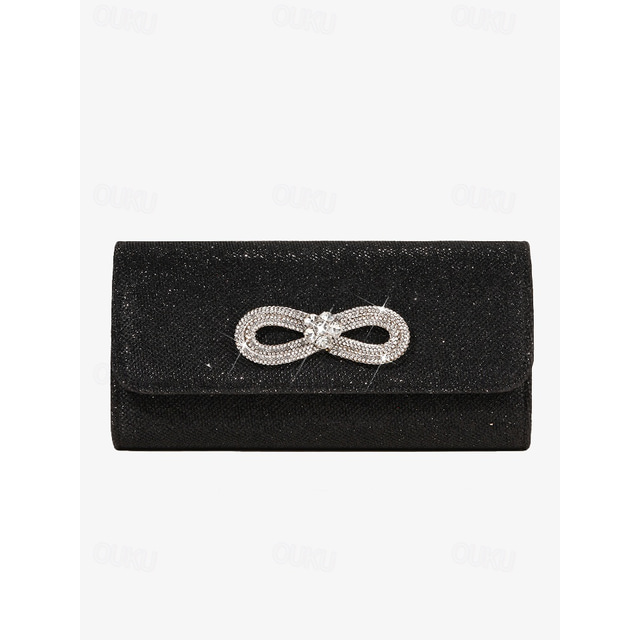  Women's Elegant Black Evening Clutch with Rhinestone Bow and Chain Strap, Perfect for Weddings and Special Events